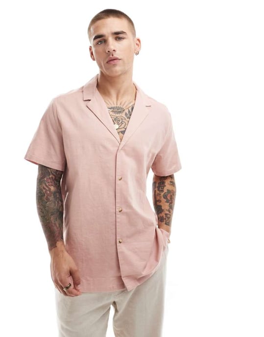 ASOS DESIGN avslappnad linneblandad skjorta med djup krage i dammig rosa - Image 2