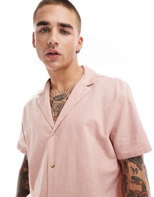 ASOS DESIGN avslappnad linneblandad skjorta med djup krage i dammig rosa - Image 3