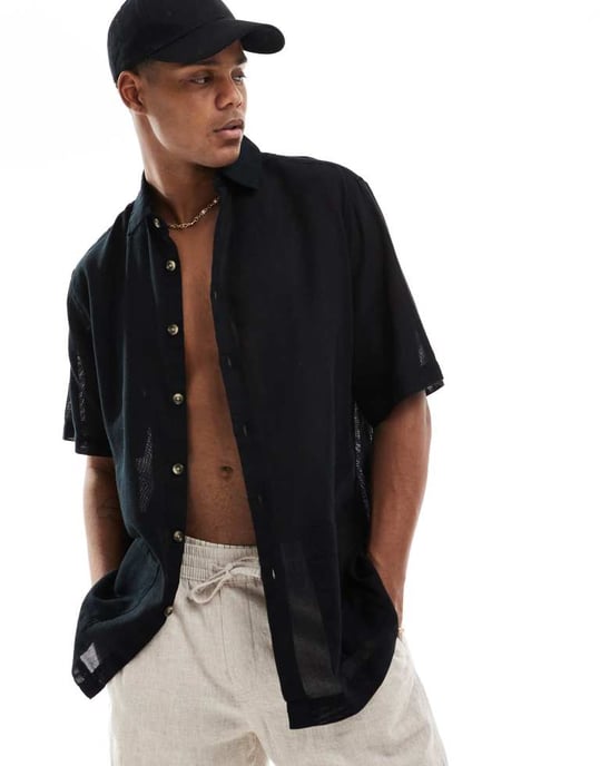 ASOS DESIGN avslappnad texturerad skjorta med fickor i svart - Image 2