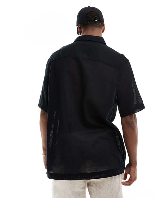 ASOS DESIGN avslappnad texturerad skjorta med fickor i svart - Image 3