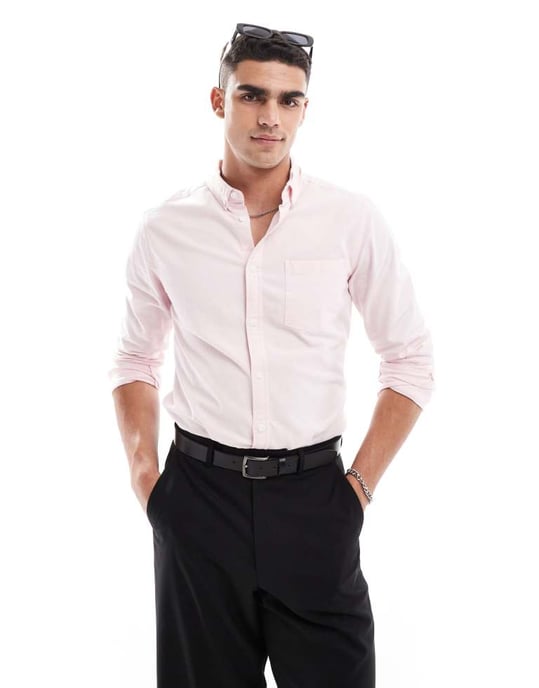 ASOS DESIGN slim fit oxford bröllopsskjorta i ljusrosa - Image 3
