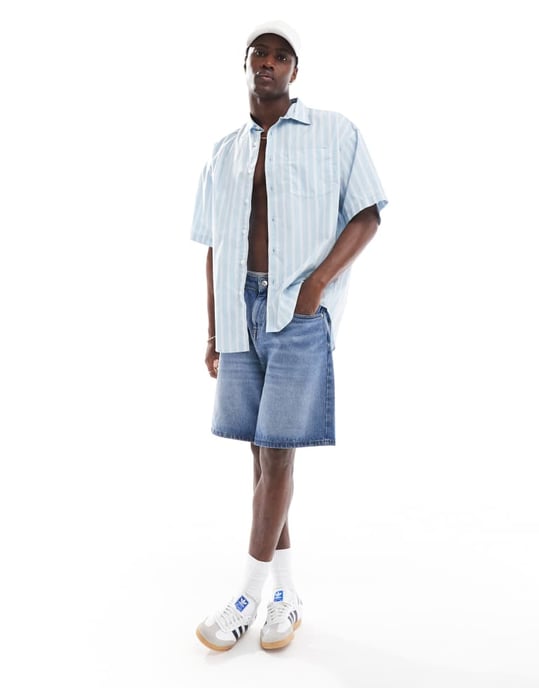 Jack & Jones oversized kortärmad randig skjorta i ljusblått - Image 4
