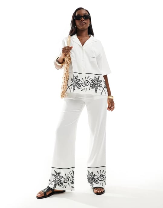 The Couture Club co-ord palm print embroidery shirt in white - Image 2