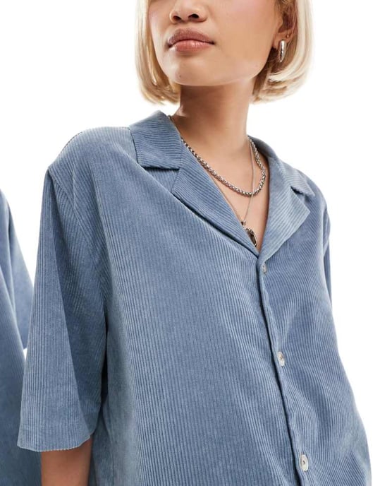 Återvunnen vintage unisex kordskjorta i blå samordning - Image 3