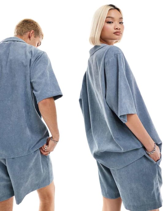 Återvunnen vintage unisex kordskjorta i blå samordning - Image 4