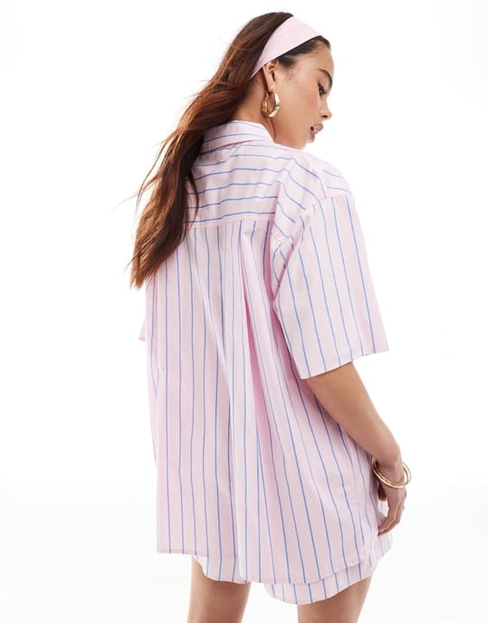 ASOS DESIGN kortärmad oversized koord skjorta i rosa och blå rand - Image 4