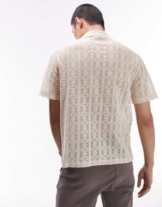 Topman kortärmad virkad blus med blomsterpanel i stenfärg - Image 3