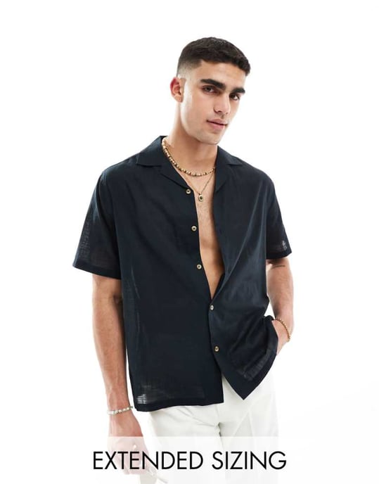 ASOS DESIGN avslappnad skjorta i linne-look med krage i svart - Image 1