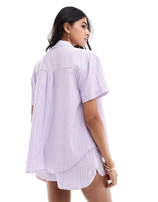 Miss Selfridge kortärmad semesterblus i lila rutig koord - Image 3