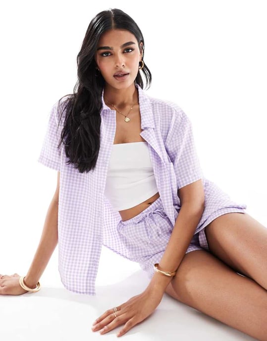 Miss Selfridge kortärmad semesterblus i lila rutig koord - Image 4
