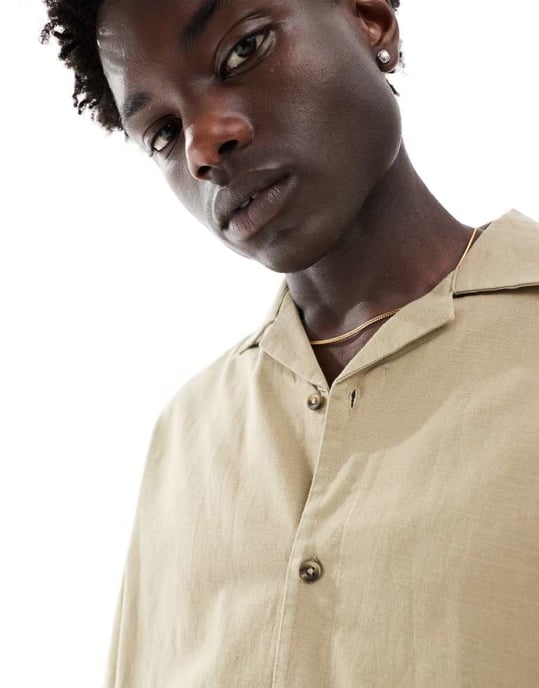 ASOS DESIGN boxy oversized linneblandning skjorta med revärkrage i mörk sand - Image 3