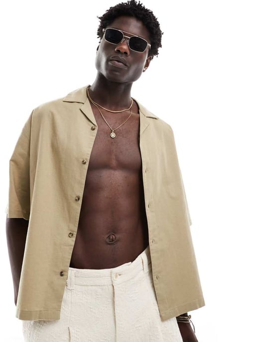 ASOS DESIGN boxy oversized linneblandning skjorta med revärkrage i mörk sand - Image 4