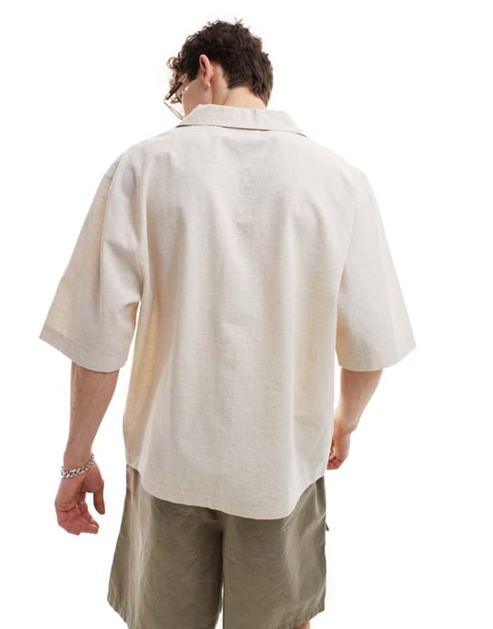 COLLUSION strandvävd reverskrage kortärmad skjorta i natur - BEIGE - Image 4