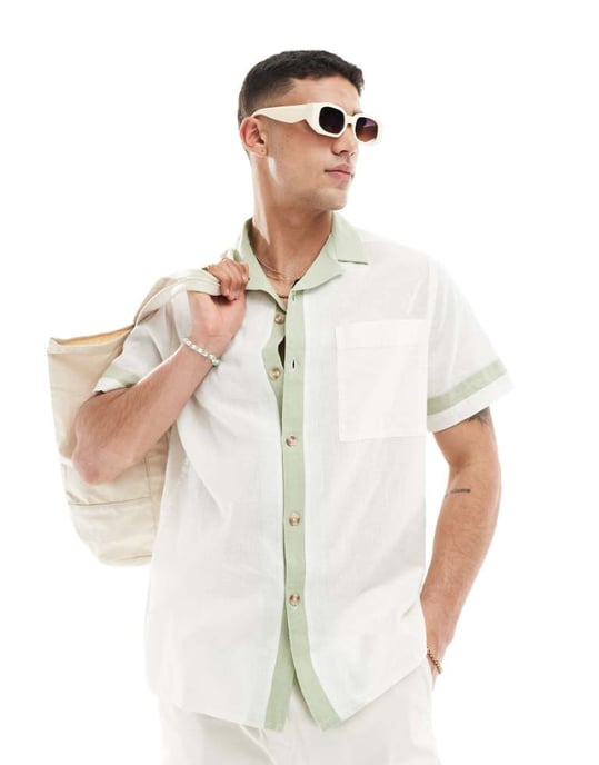 ASOS DESIGN boxig oversized linneblandning skjorta med kontrastkanter i vitt - Image 1