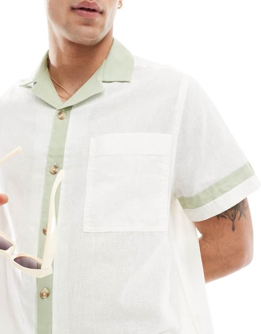 ASOS DESIGN boxig oversized linneblandning skjorta med kontrastkanter i vitt - Image 2