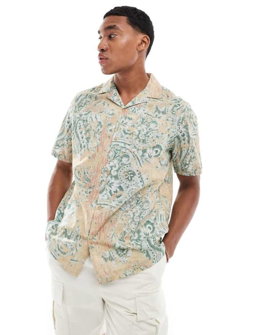 ASOS DESIGN avslappnad skjorta med krage i neutrala färger och geometrisk mönstring - Image 1