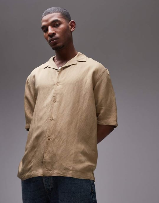 Topman koord kortärmad boxy linnemix skjorta i sten - Image 4