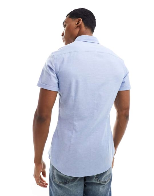 ASOS DESIGN kortärmad slim oxfordskjorta i blått - Image 3