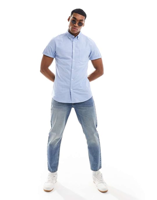 ASOS DESIGN kortärmad slim oxfordskjorta i blått - Image 4