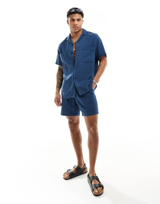 ASOS DESIGN co-ord short sleeve relaxed revere collar texture shirt in navy - Image 2