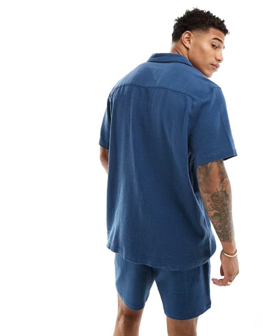 ASOS DESIGN co-ord short sleeve relaxed revere collar texture shirt in navy - Image 3