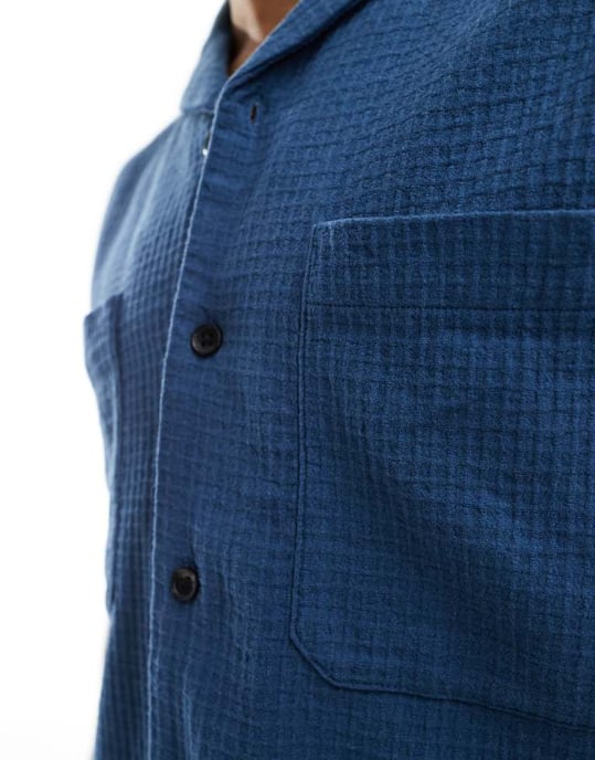 ASOS DESIGN co-ord short sleeve relaxed revere collar texture shirt in navy - Image 4