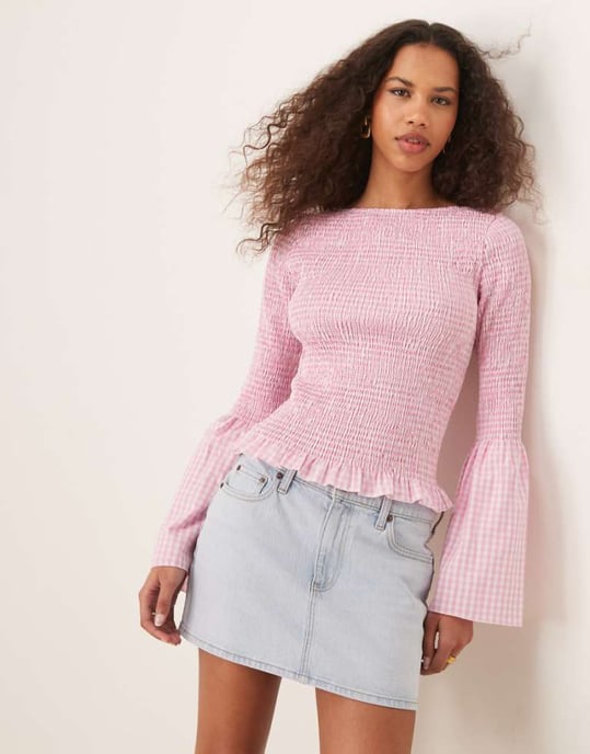 ASOS DESIGN shirred angel sleeve top in pink gingham - Image 1