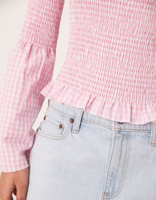 ASOS DESIGN shirred angel sleeve top in pink gingham - Image 3