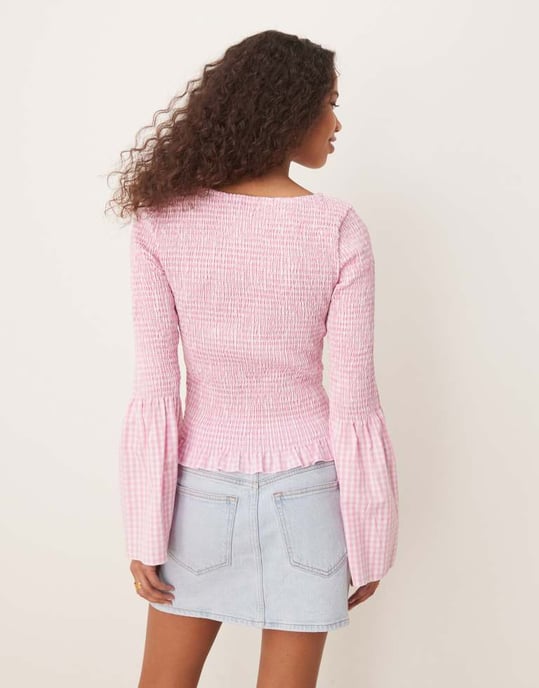ASOS DESIGN shirred angel sleeve top in pink gingham - Image 4