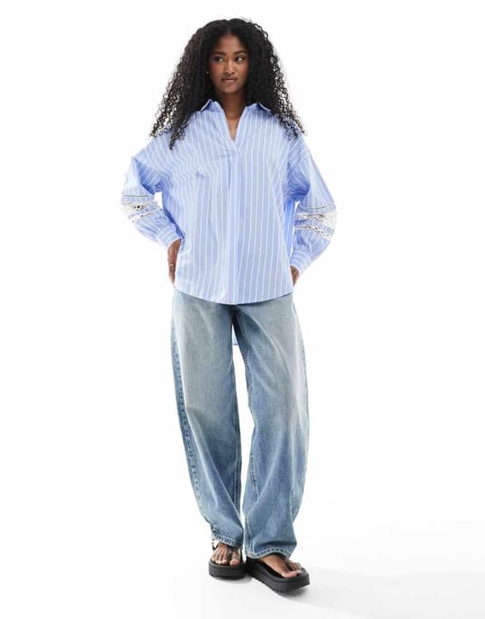 French Connection Cambria embroidered sleeve shirt in blue stripe - Image 2