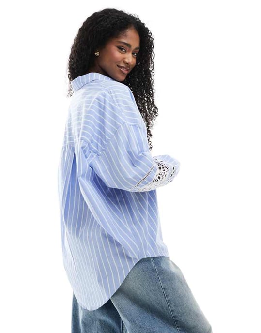 French Connection Cambria embroidered sleeve shirt in blue stripe - Image 4