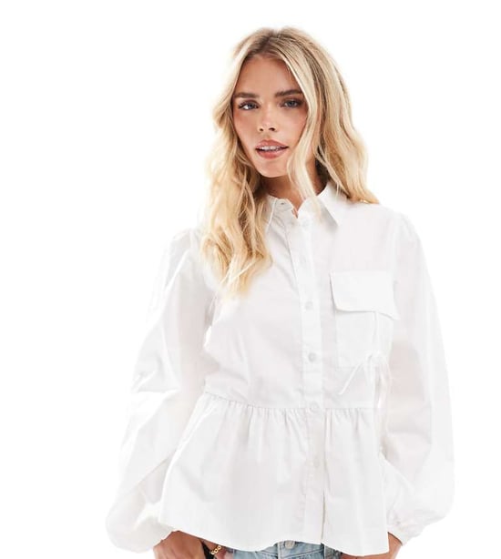 ASOS DESIGN Petite cotton poplin smock shirt with tie pocket in white - Image 1