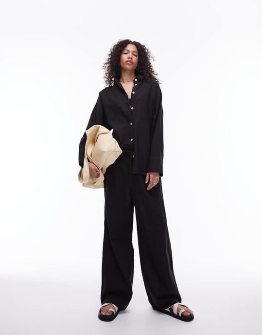 Topshop samordnad linneblandning strandskjorta i svart - Image 3