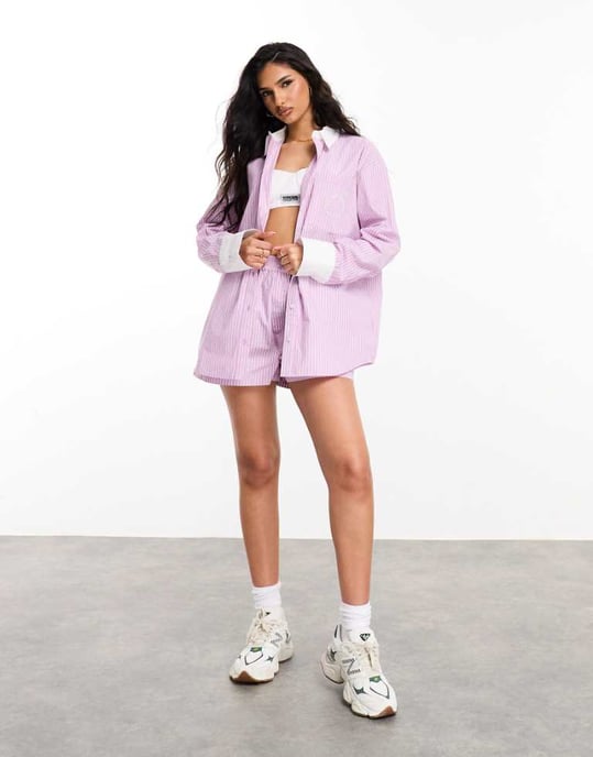ASOS DESIGN Weekend Collective koord oversized skjorta med färgblockering i rosa rand - Image 1