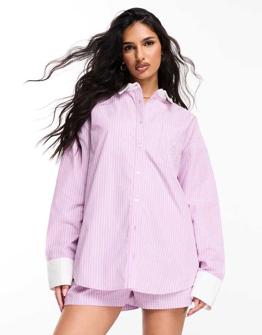 ASOS DESIGN Weekend Collective koord oversized skjorta med färgblockering i rosa rand - Image 2