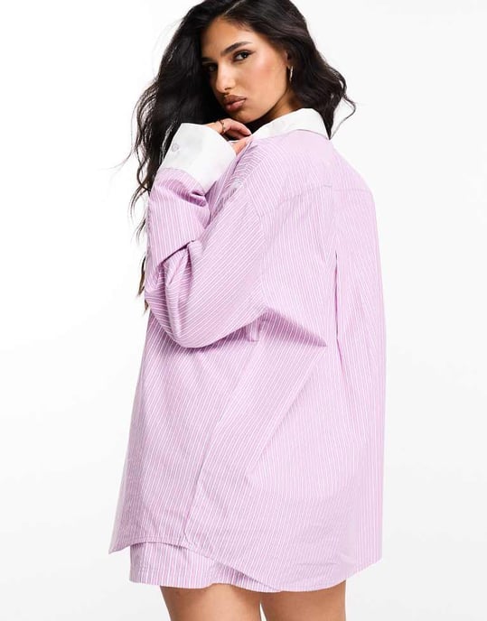 ASOS DESIGN Weekend Collective koord oversized skjorta med färgblockering i rosa rand - Image 4