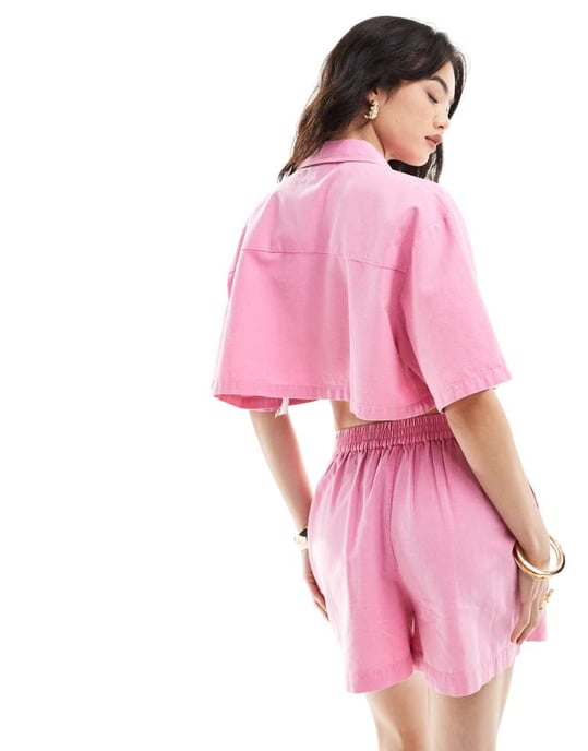 ASOS DESIGN kortärmad skjorta i tvättad rosa linne-set - Image 3