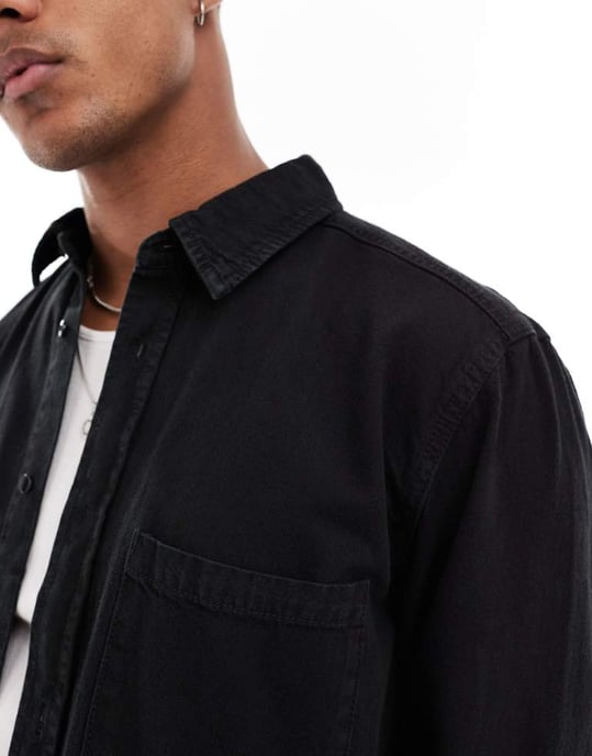 ONLY & SONS knapp genom denimskjorta i svart - Image 3