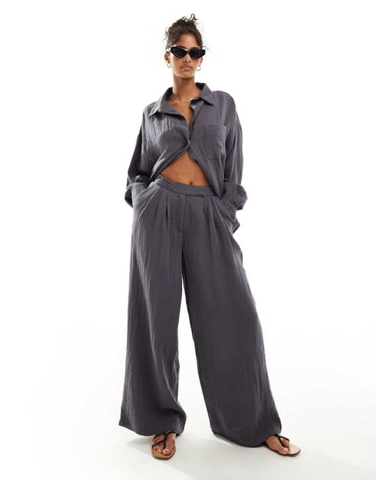 ASOS DESIGN oversized shirt with drop collar in textured fabric in charcoal co-ord - Image 3