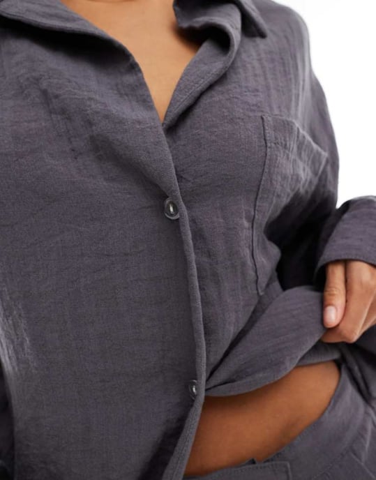 ASOS DESIGN oversized shirt with drop collar in textured fabric in charcoal co-ord - Image 4