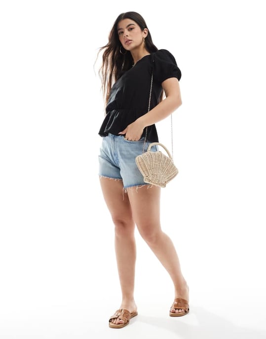 ASOS DESIGN linen blend peplum top with puff sleeve in black - Image 3