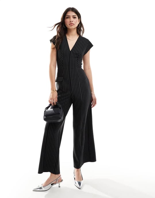 ASOS DESIGN v neck pinstripe jumpsuit with wide leg - Image 1