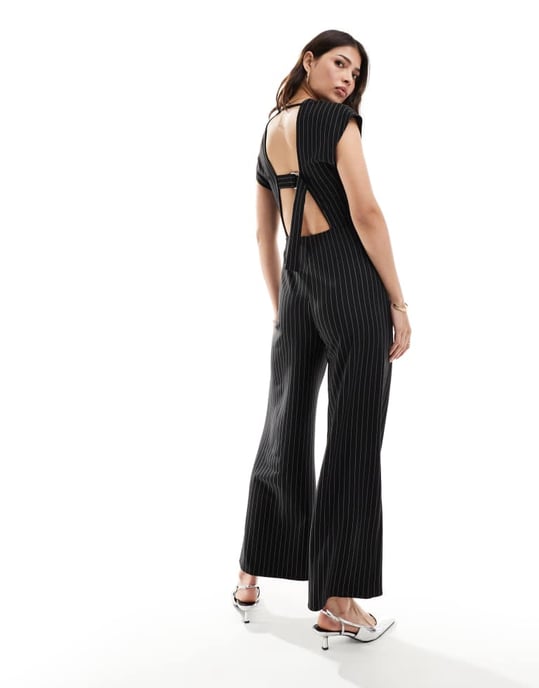 ASOS DESIGN v neck pinstripe jumpsuit with wide leg - Image 2