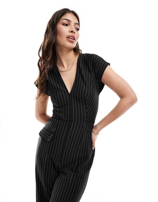 ASOS DESIGN v neck pinstripe jumpsuit with wide leg - Image 4