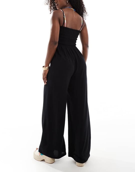 ASOS DESIGN rynkad bandeau strandoverall i svart - Image 3