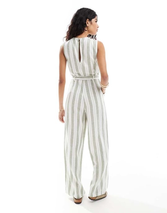 Endast ärmlös bälteförsedd linneblandning jumpsuit i krämfärgad och salvia rand - Image 4