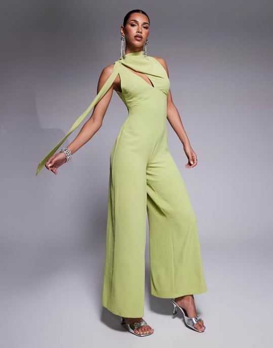 ASOS DESIGN cowl draped neck wide leg jumpsuit with tie detail in green - Image 1