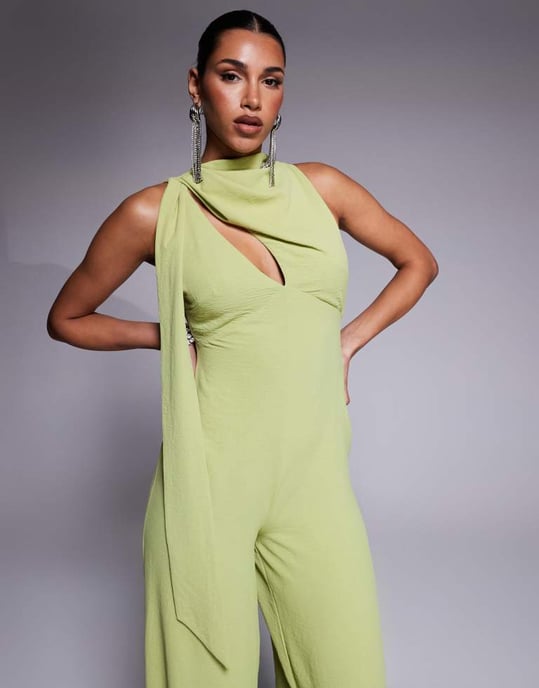 ASOS DESIGN cowl draped neck wide leg jumpsuit with tie detail in green - Image 3