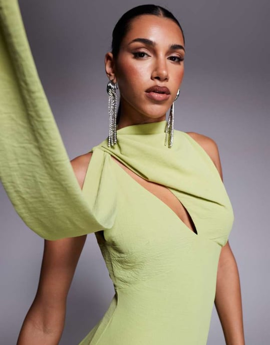 ASOS DESIGN cowl draped neck wide leg jumpsuit with tie detail in green - Image 4