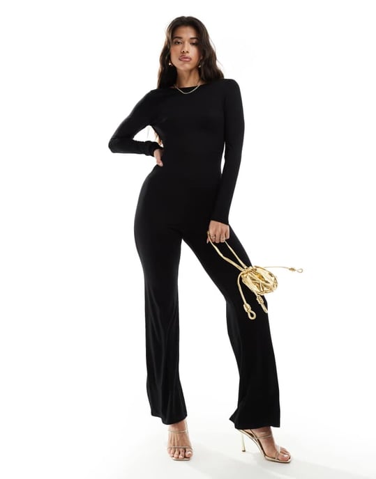 ASOS DESIGN långärmad jumpsuit med utsvängda ben, öppen rygg och banddetaljer i svart - Image 3